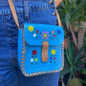 Tool made and hand painted blue leather crossbody bag